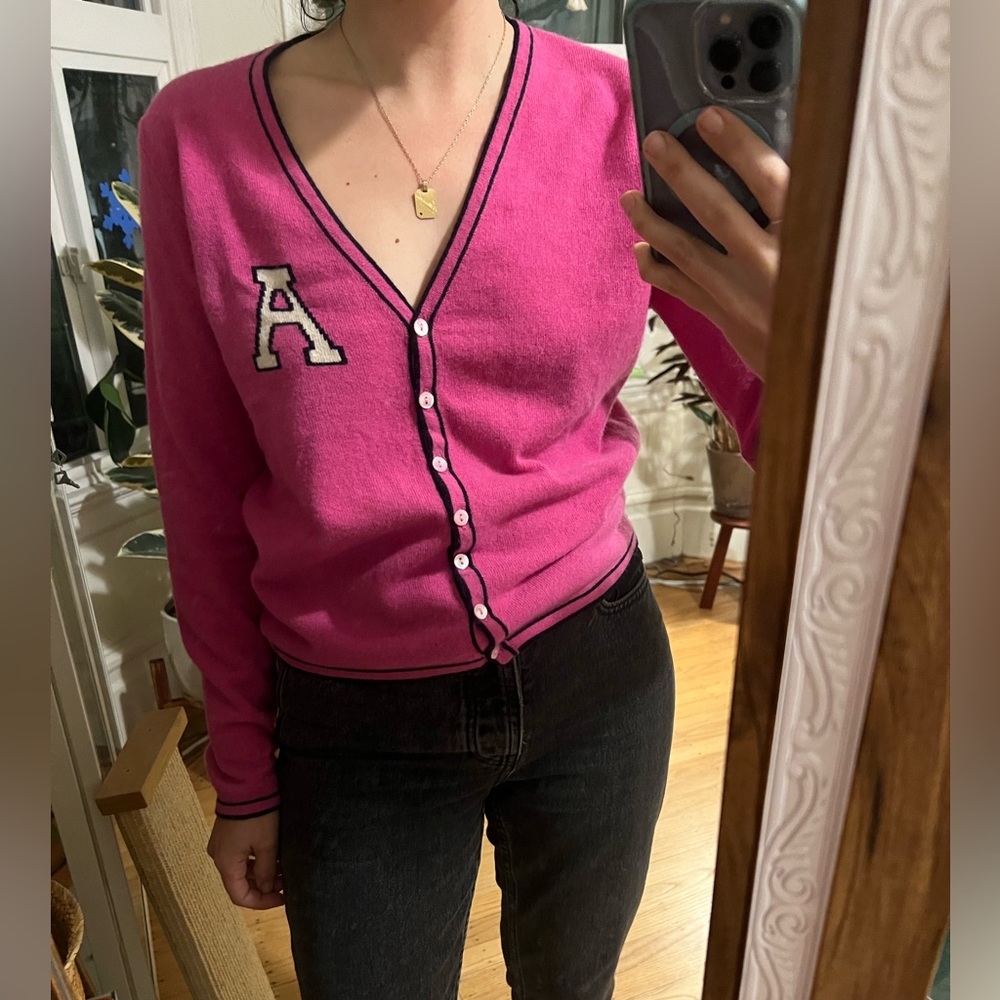 Vintage hot pink preppy wool cardigan letter A